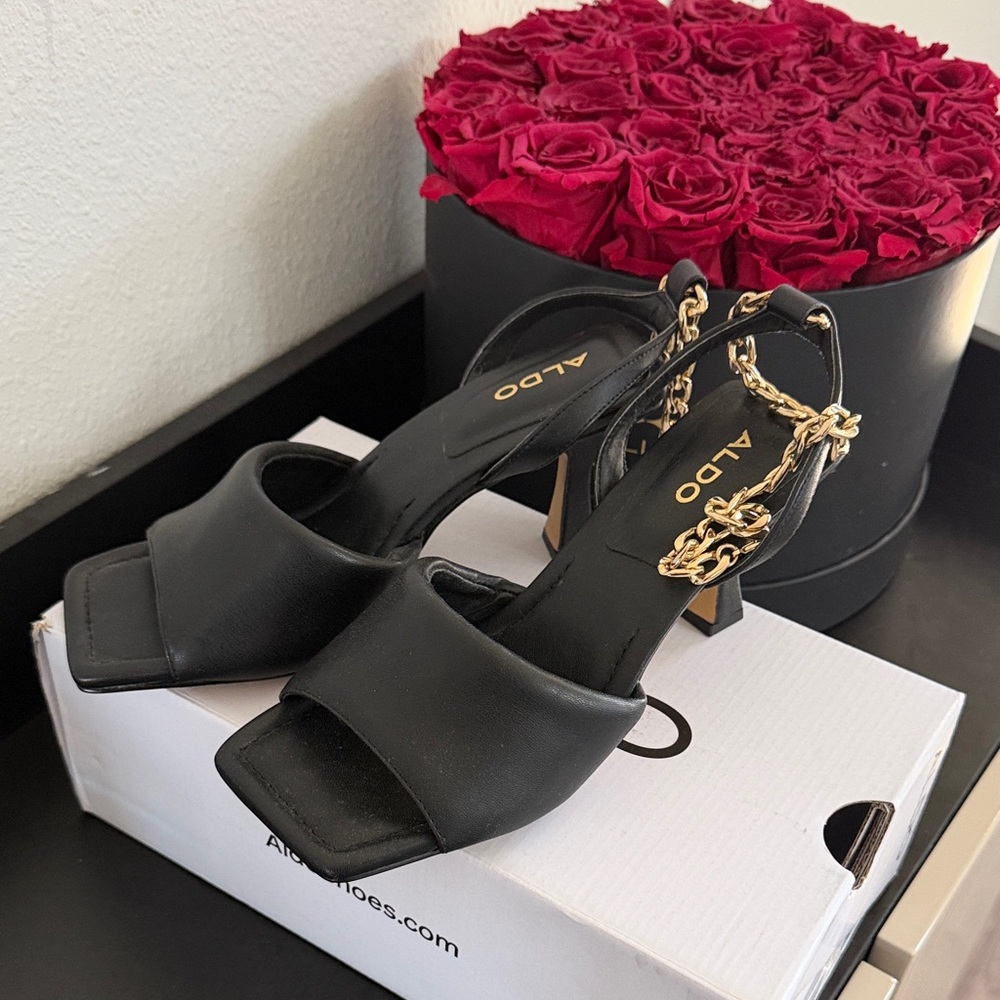 ALDO Black Heels with Gold Chain Detail